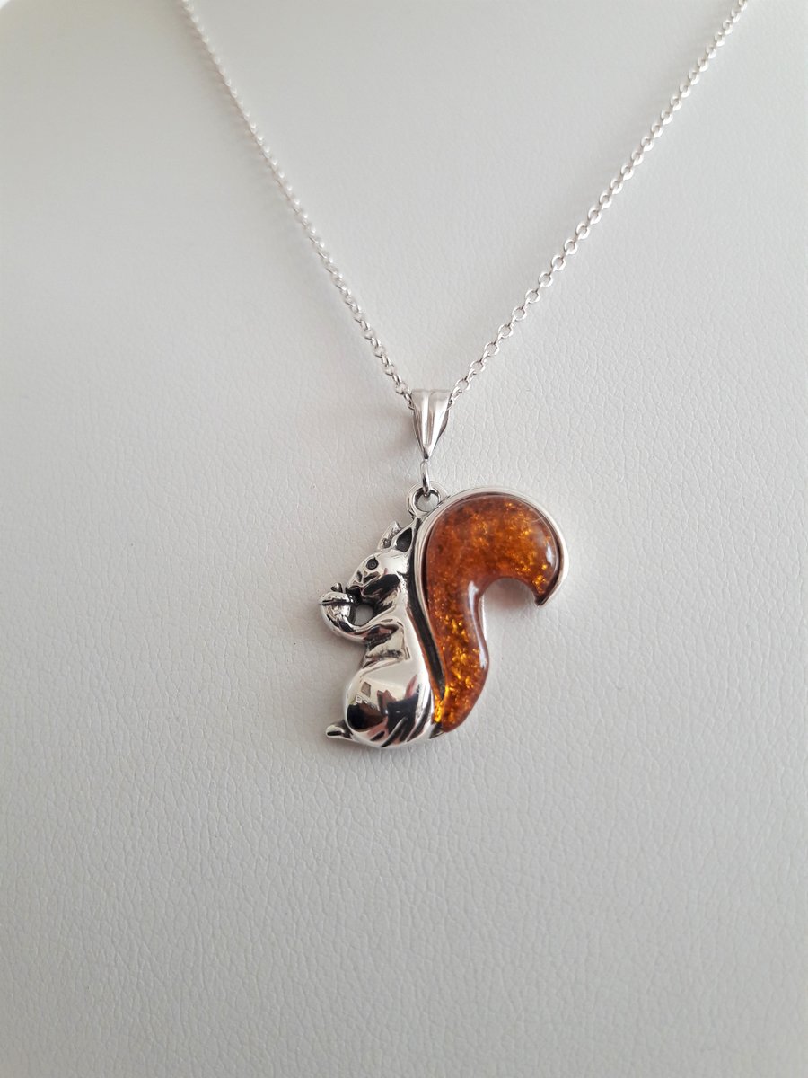 Amber Squirrel and Sterling Silver Necklace. Baltic Amber, Wildlife, Gift