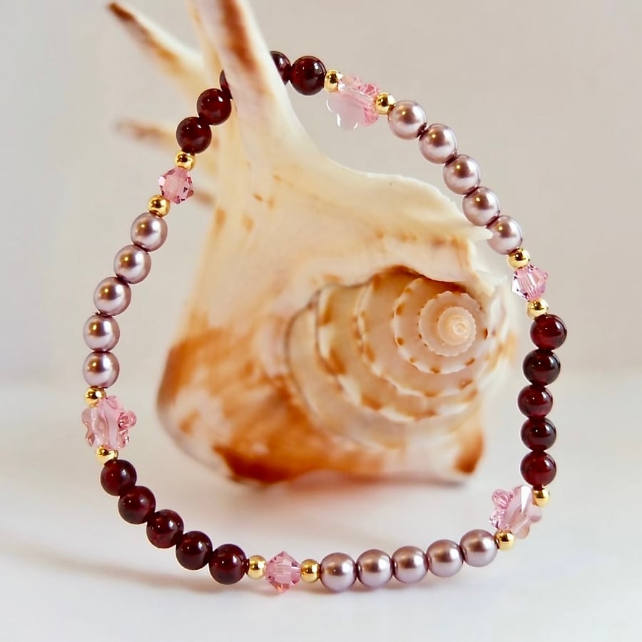 Garnet, Glass pearl And Swarovski Crystal Bracelet - Handmade in Devon.