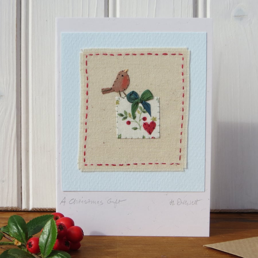 Christmas Gift, hand-stitched miniature with silk bow and applique robin