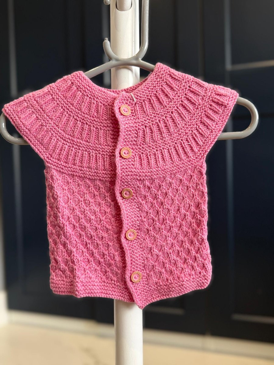 Hand-Knitted Baby Sleeveless Vest with Textured Yoke – Rose Pink (0-3m)