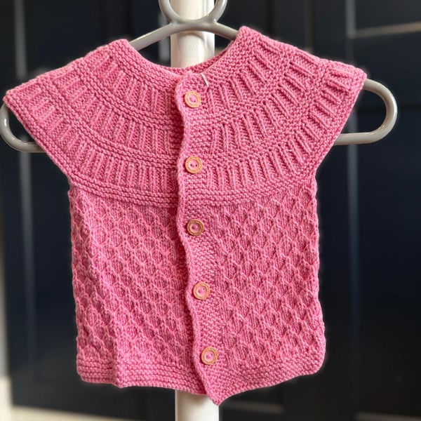 Hand-Knitted Baby Sleeveless Vest with Textured Yoke – Rose Pink (0-3m)