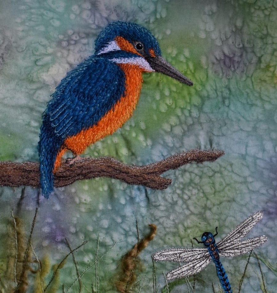 Kingfisher framed print, embroidered textile art