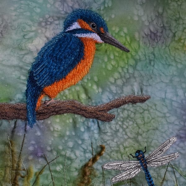 Kingfisher framed print, embroidered textile art