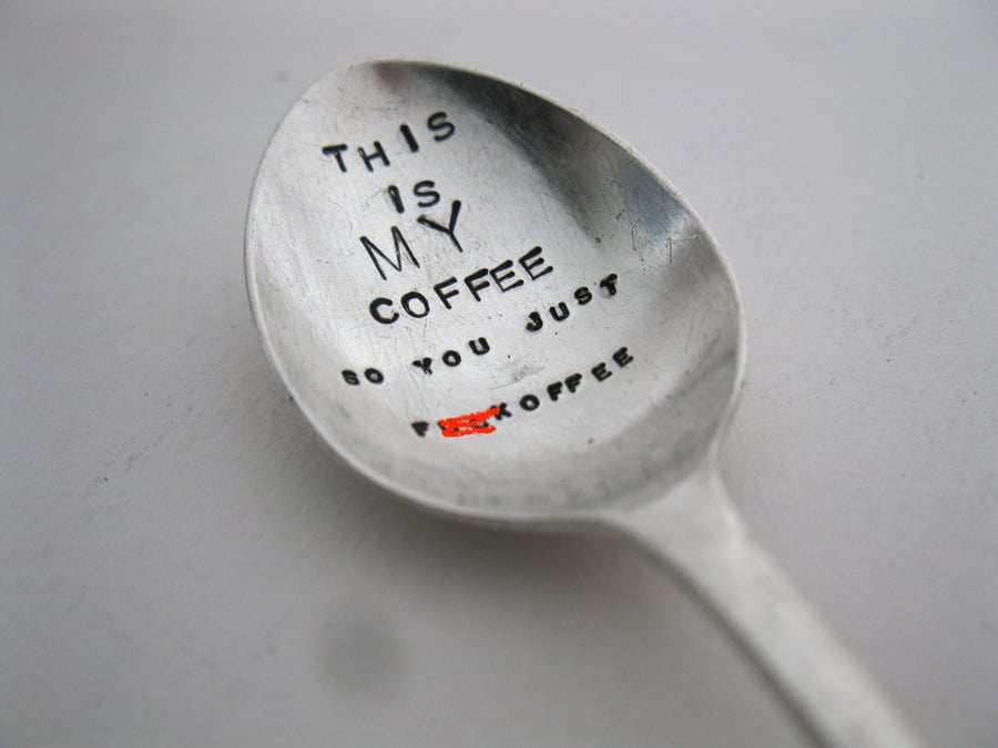 F-word Rude Coffee Spoon, Handstamped Vintage Coffeespoon for Grownups
