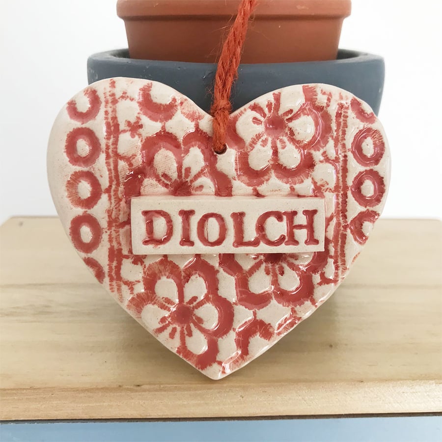Ceramic heart floral decoration Diolch Teacher Gift Pottery heart Salmon pink