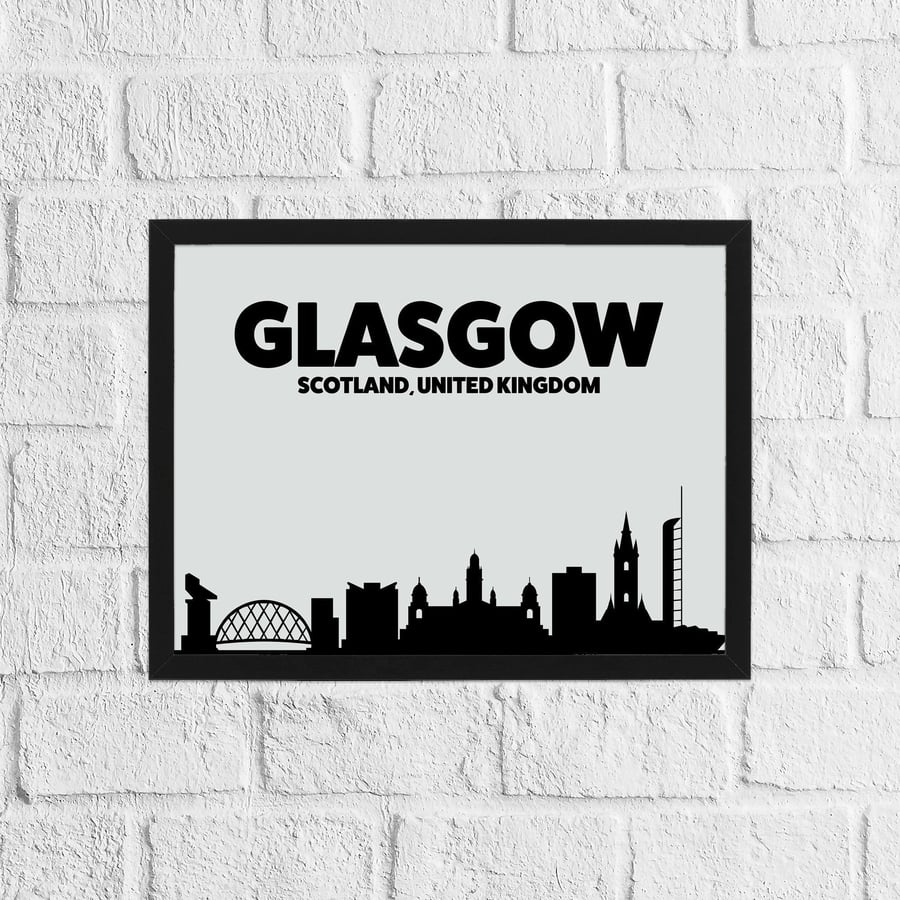 Skyline silhouette of Glasgow, Scotland, UK, grey and black print, wall art