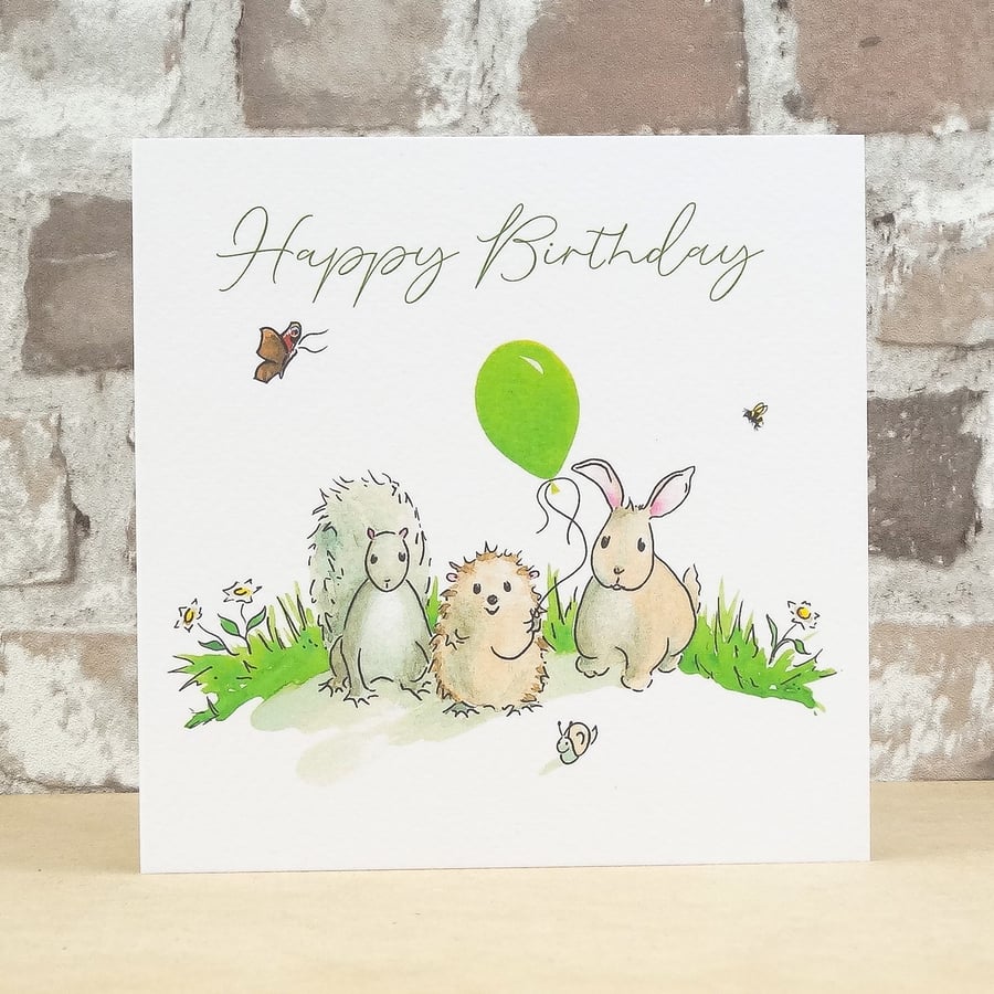 Birthday Card Animal Green Balloon