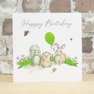 Birthday Card Animal Green Balloon