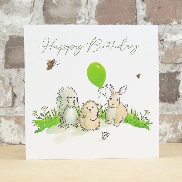 Birthday Card Animal Green Balloon