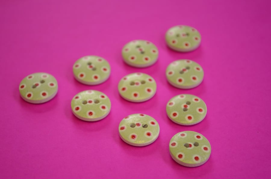 15mm Wooden Spotty Buttons Mint Green with Red Dots 10pk Spot Dot (SSP4)