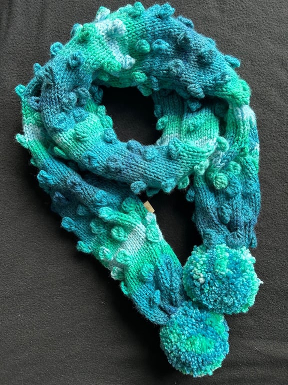 Hand Knitted Chunky Bobble Scarf in Teal Tones