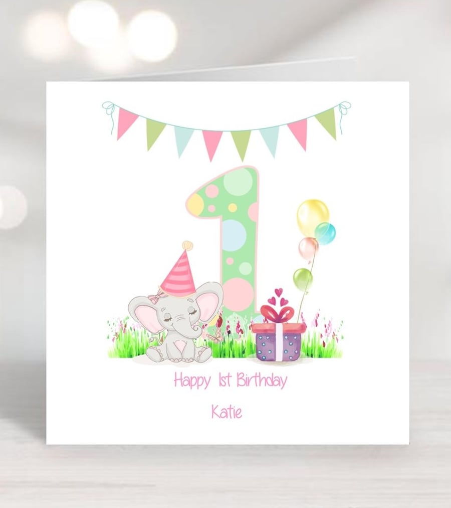 Girls 1st Birthday Elephant Greetings Card Personalised  with any text