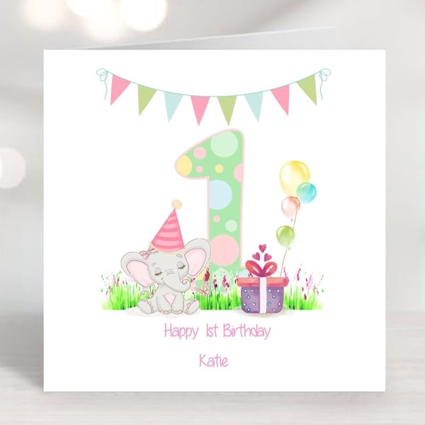 Girls 1st Birthday Elephant Greetings Card Personalised  with any text
