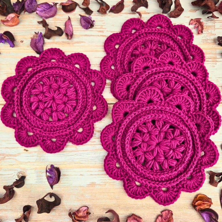Daisy Crochet Coasters - Set Of 2 Handmade Coasters In Currant - Plum