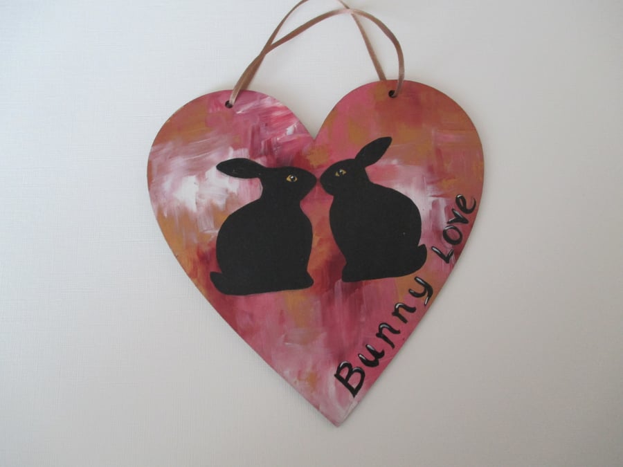 Rabbit Wooden Heart Hanging Decoration Bunny Love Text Valentines Gift