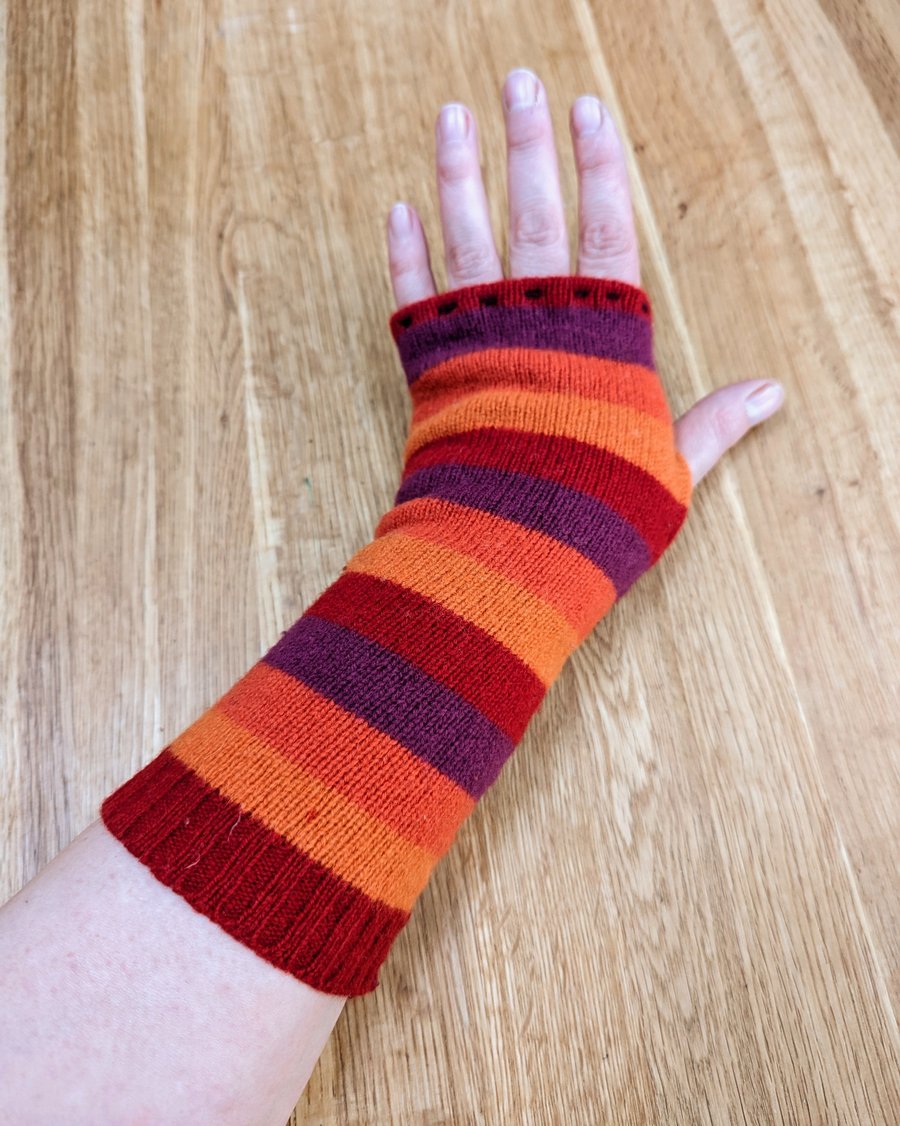 Stripey Red & Orange Wrist Warmers Upcycled from Wool Mix Jumpers