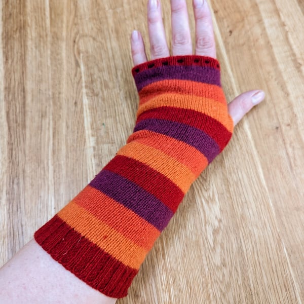 Stripey Red & Orange Wrist Warmers Upcycled from Wool Mix Jumpers