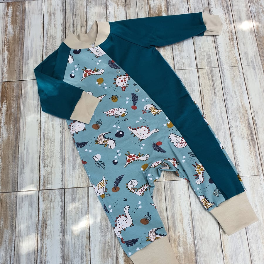 9-12 months Petrol Dinosaur Baby Romper Sleeper, long sleeve with fasteners