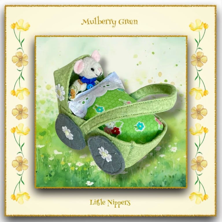 A Baby Pip Squeak in a Green Felt Pram 