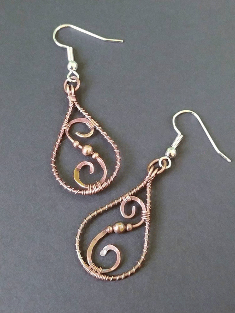 Teardrop Swirly Filigree Copper Earrings with Purple Patina