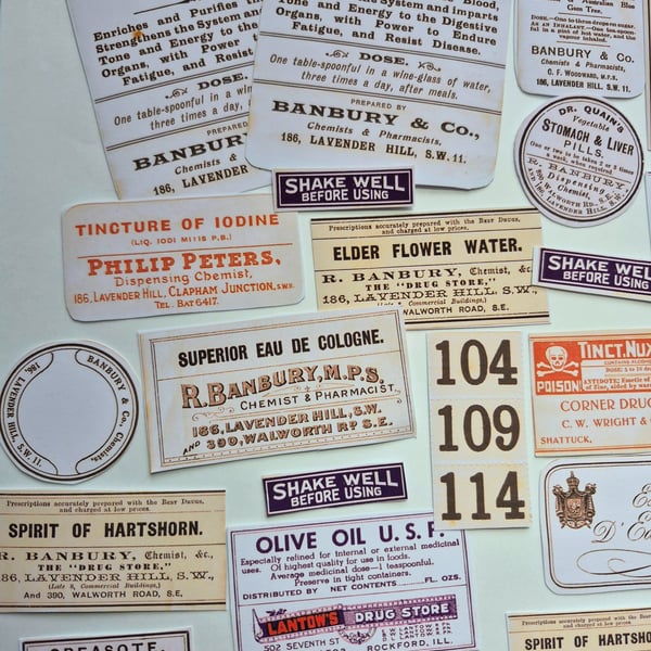 Vintage Pharmacy Labels, Die Cuts.