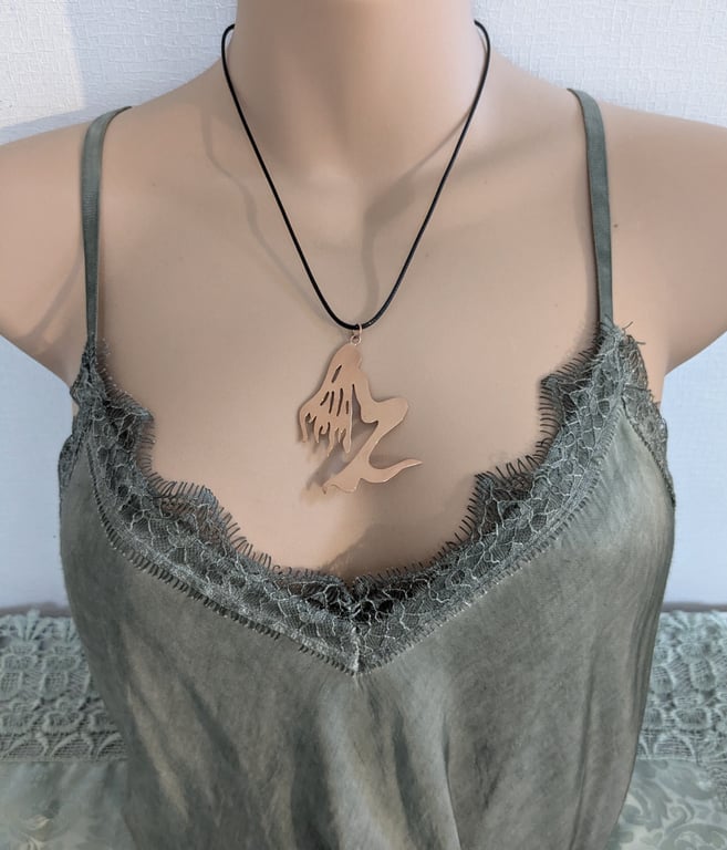 Large Copper Mermaid Pendant on a Black Waxed Cotton Cord