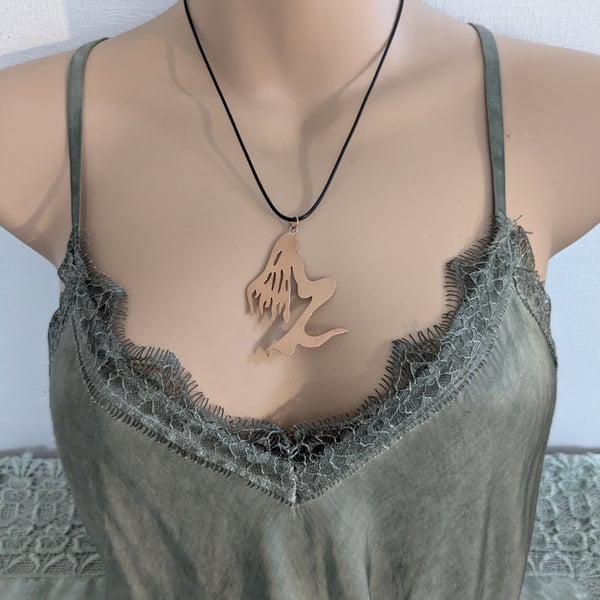 Large Copper Mermaid Pendant on a Black Waxed Cotton Cord