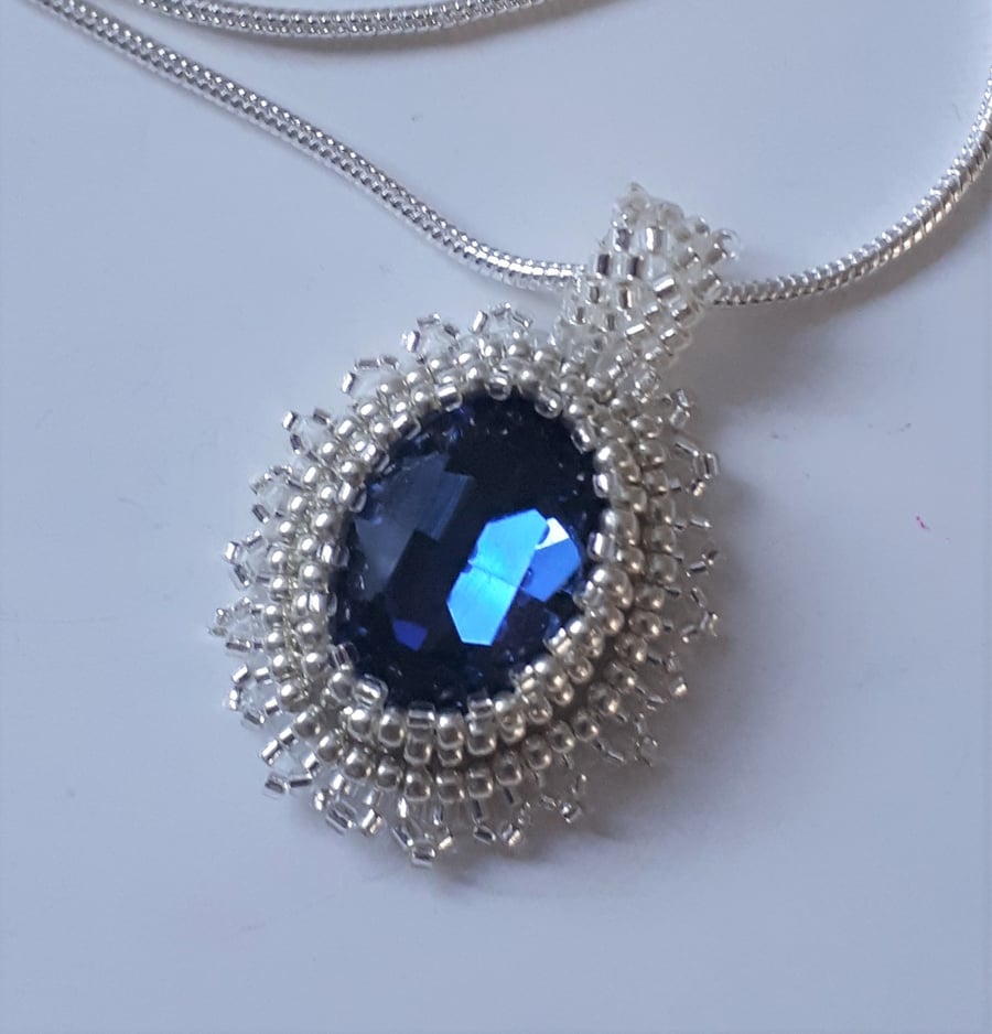 Bead embroidered Dark Blue faceted crystal on silver tone Chain