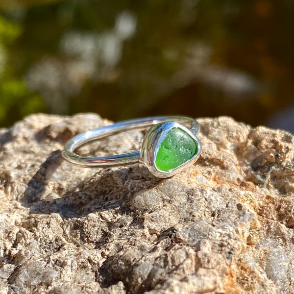 Green Sea Glass and Hammered Sterling Silver Ring - Size N - 1360