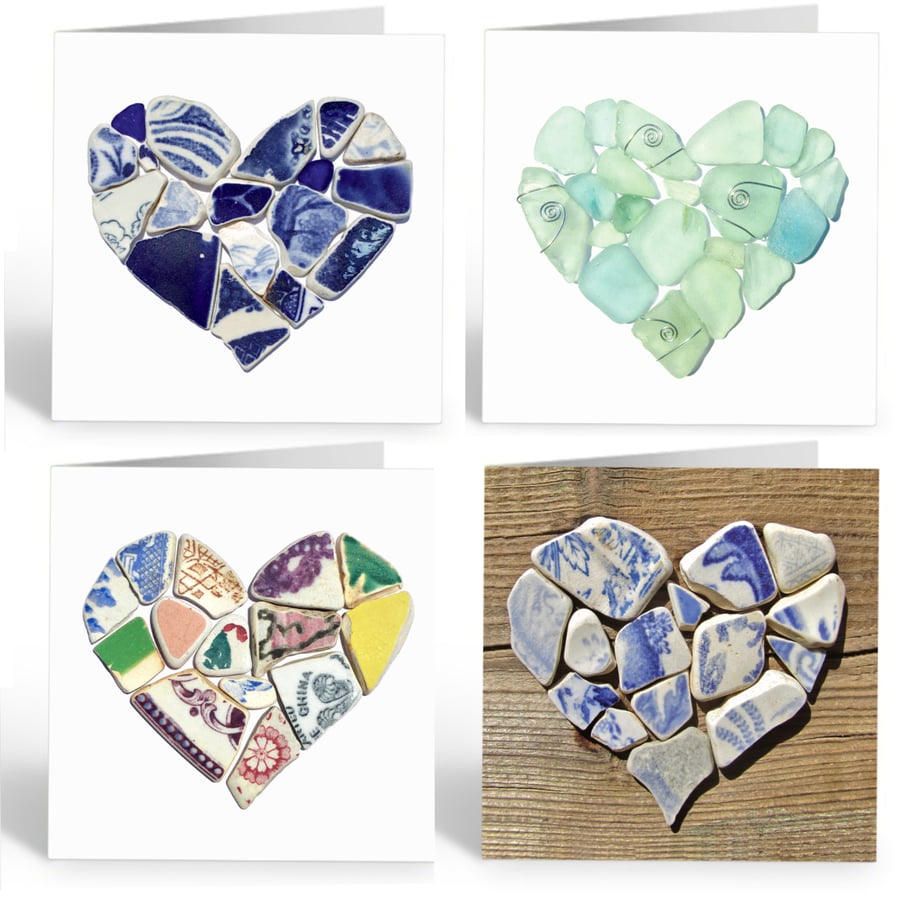 Greetings Cards (Pack of 4) - Heart Mosaics with Sea Glass & Beach Pottery