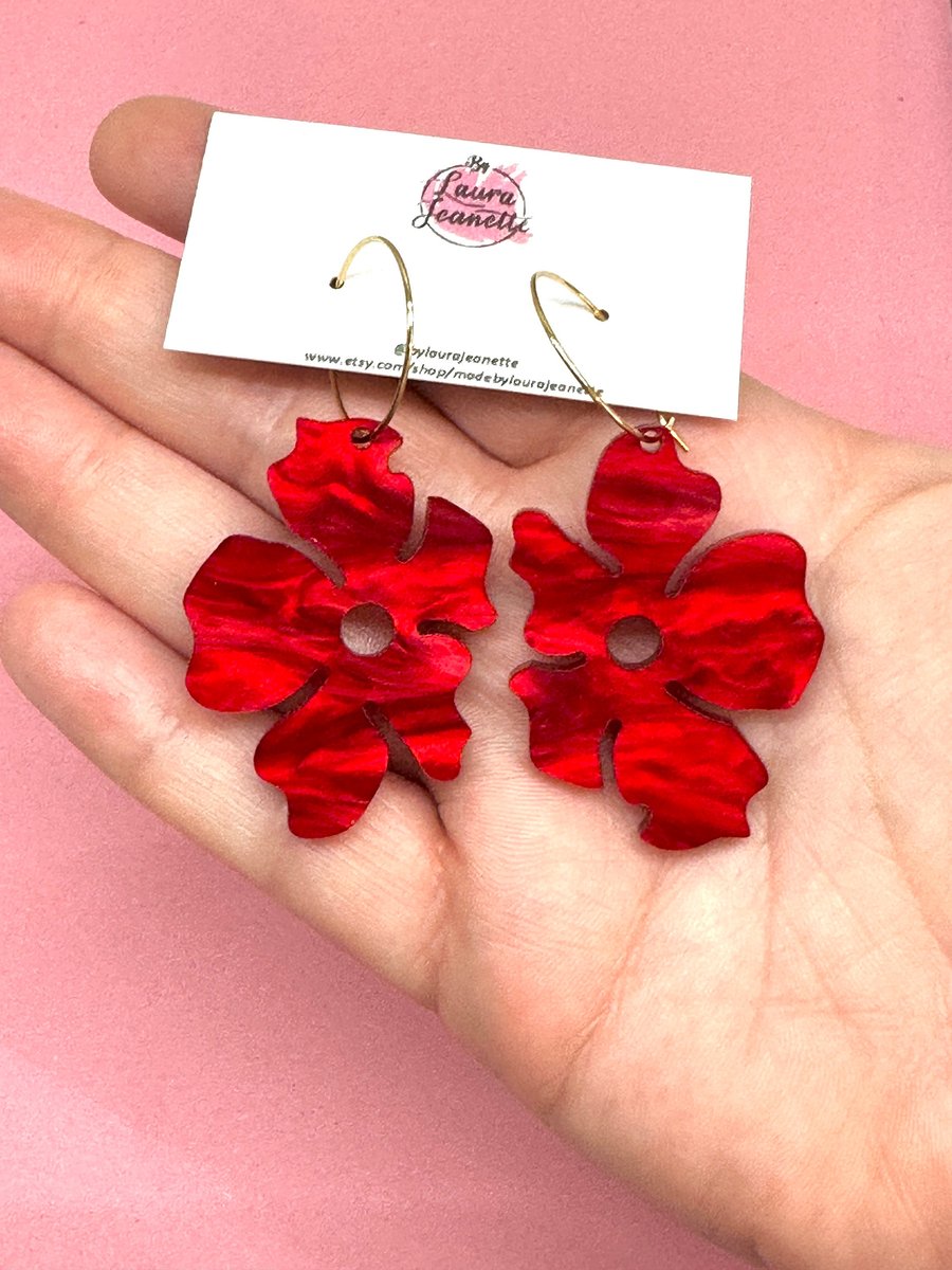 Acrylic abstract flower hoop earrings, flower dangles, red flower dangles, 