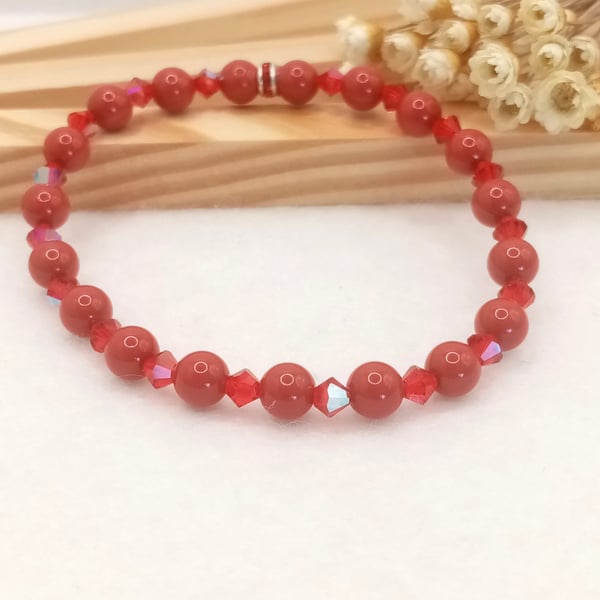 Stretch Bracelet - Cranberry Pearl & Sparkling Red Crystal Bead Bracelet