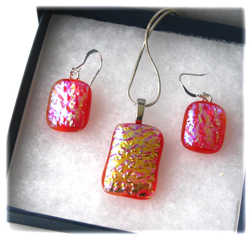 Dichroic Glass Pendant Earring Set 089 Red Teal with Silver Plated Chain