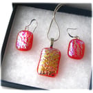 Dichroic Glass Pendant Earring Set 089 Red Teal with Silver Plated Chain