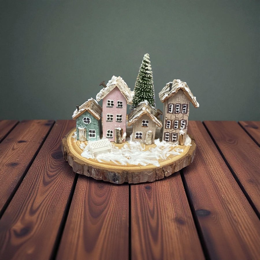 Handmade Miniature Wooden Village Decoration, winter snow