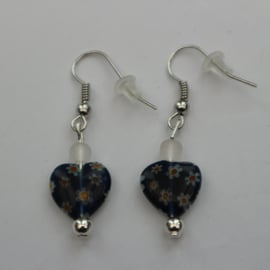 Silver plated beaded earrings- dark blue millefiori heart