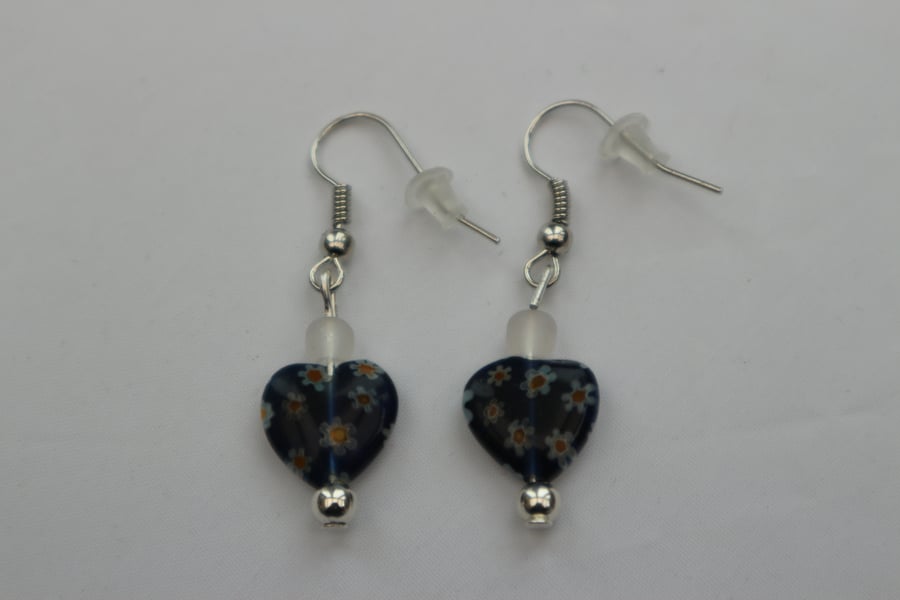 Silver plated beaded earrings- dark blue millefiori heart