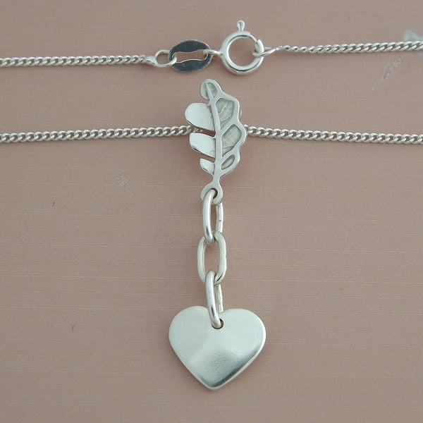 Sterling Silver Oak Leaf, Heart & Chain Pendant – Strength, Love & Togetherness