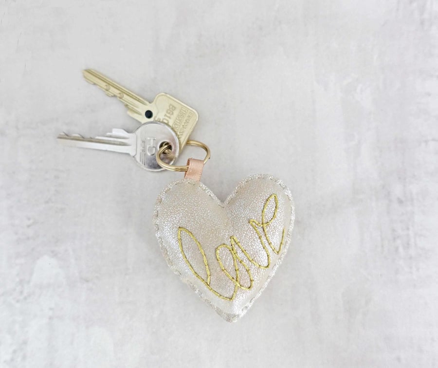 Gold Love Heart Hand Stitched Keyring