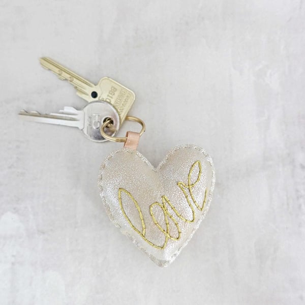 Gold Love Heart Hand Stitched Keyring