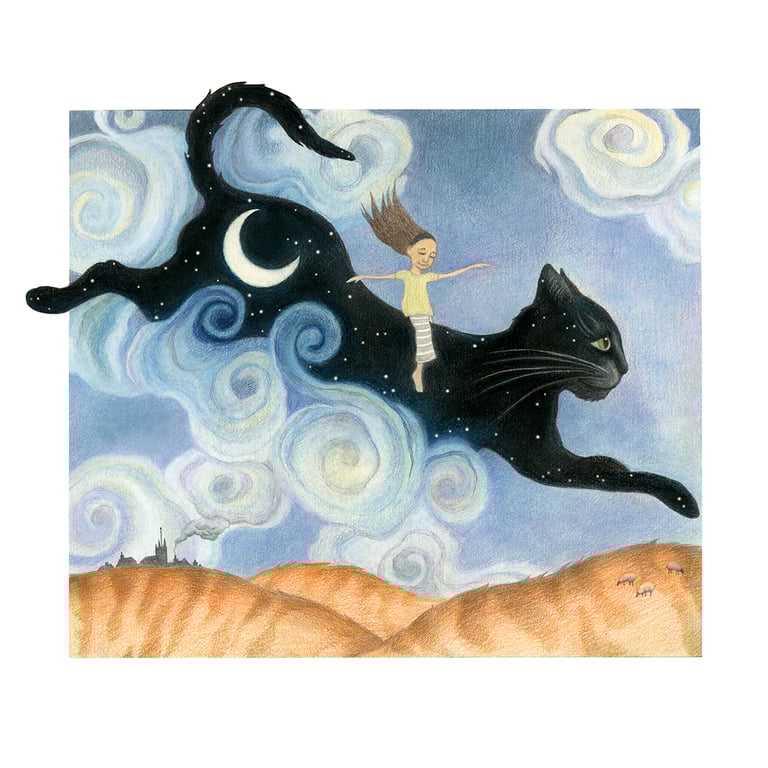 Cat Greeting Card - black cat card, magical cat card, cat birthday card, surreal