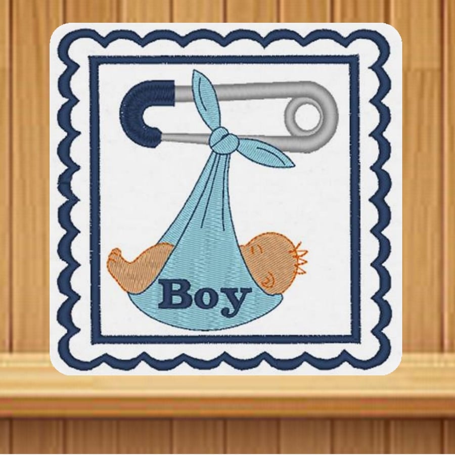Handmade baby boy personalised card embroidered design