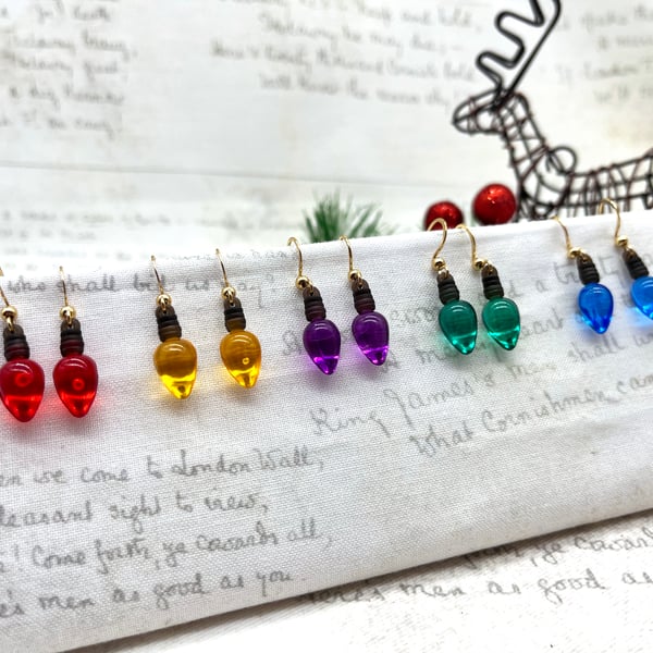 Retro Christmas mini light bulb dangle earrings vintage style nostalgia