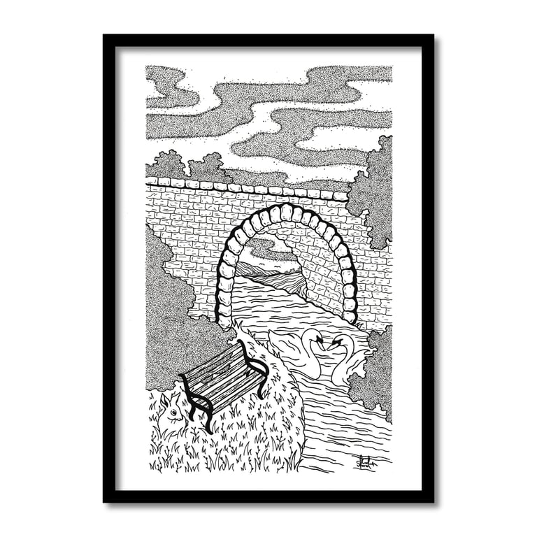 Swans By The Bridge Original Art Pen And Ink Drawing