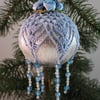 Christmas bauble silver and blue crochet lace vintage style, K4