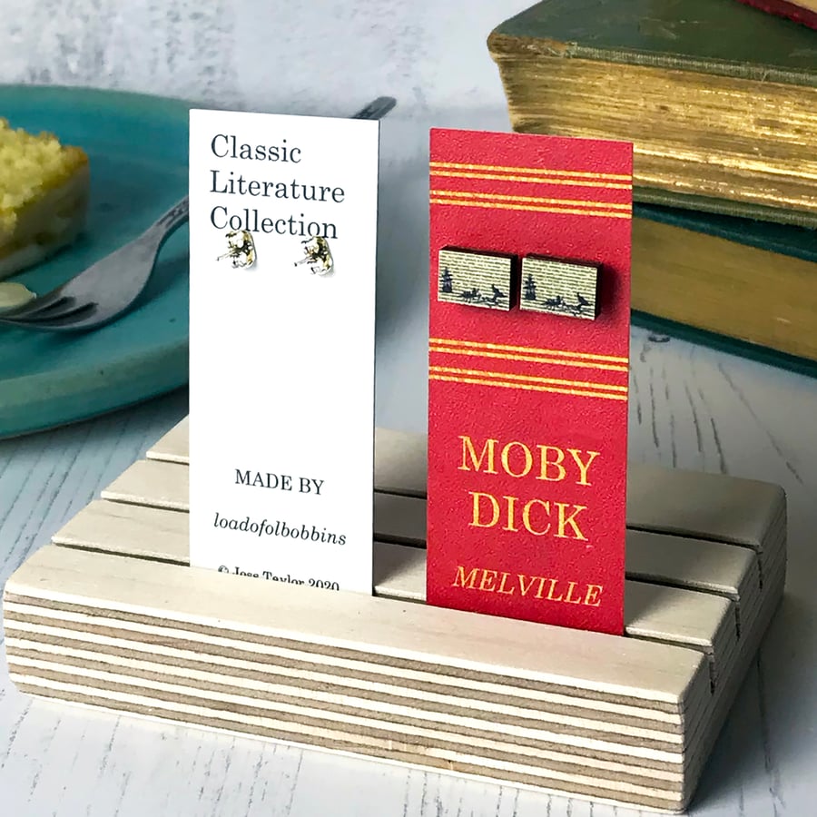 Classic Literature - Moby Dick Silhouette Illustration Wooden Stud Earrings