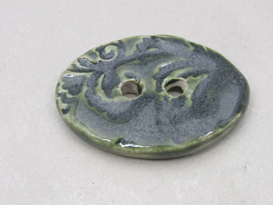 Large Forest Green Brocade Oval Handmade Ceramic Button