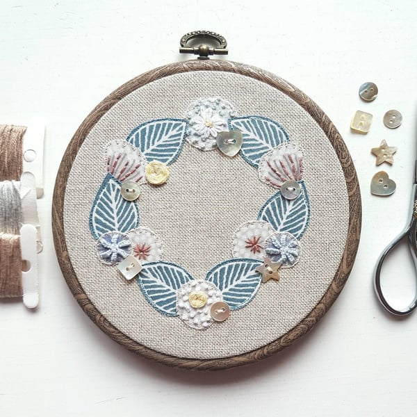 Floral Garland Hoop with Freemotion Sewn Applique