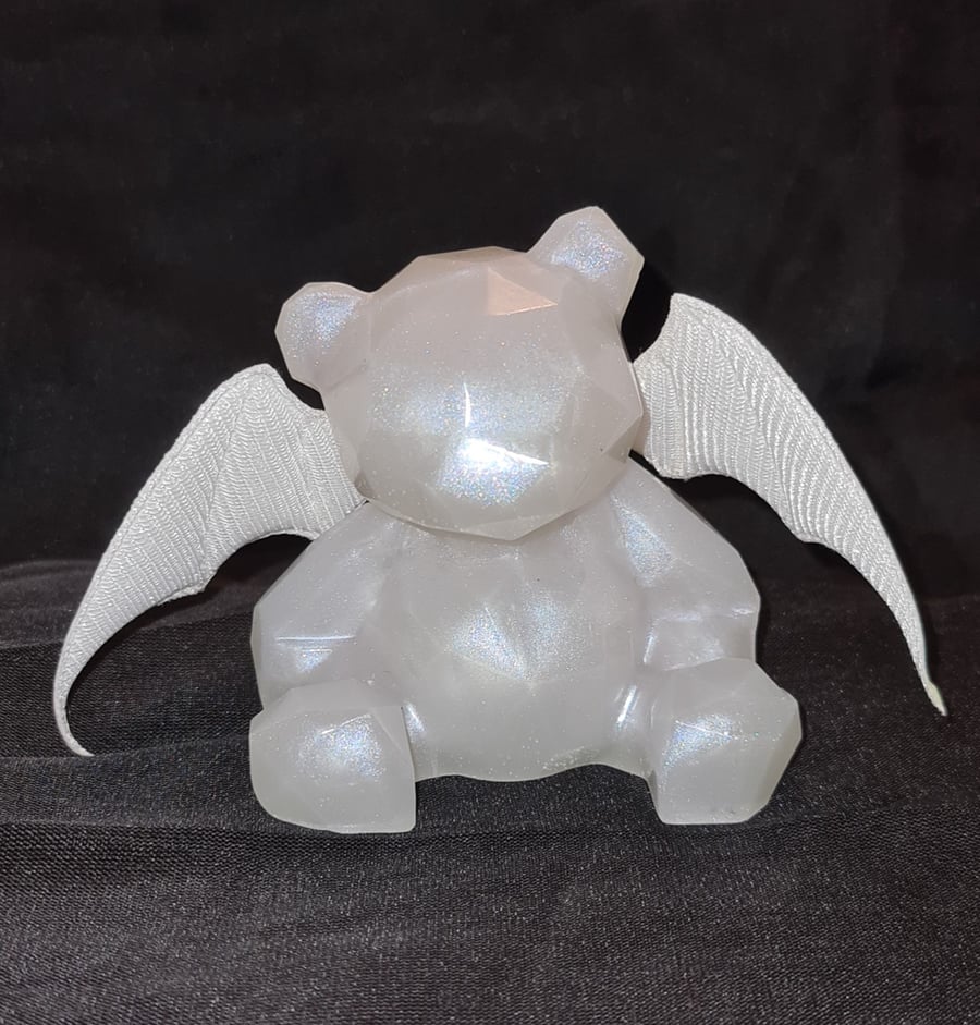 Bat-Bear - Resin Art Bear Figurine - Frosted White - Opal
