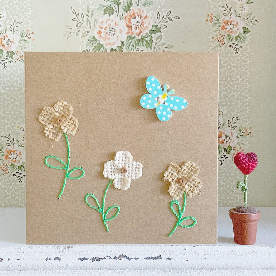 Flower Card. Hand Sewn Card. Garden Card. Embroidered Card. Butterfly Card.
